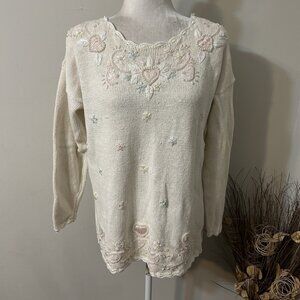 Vtg Sellecca Women Beige Beaded Pearls Embroidered Floral Sweater Sz M Flaw
